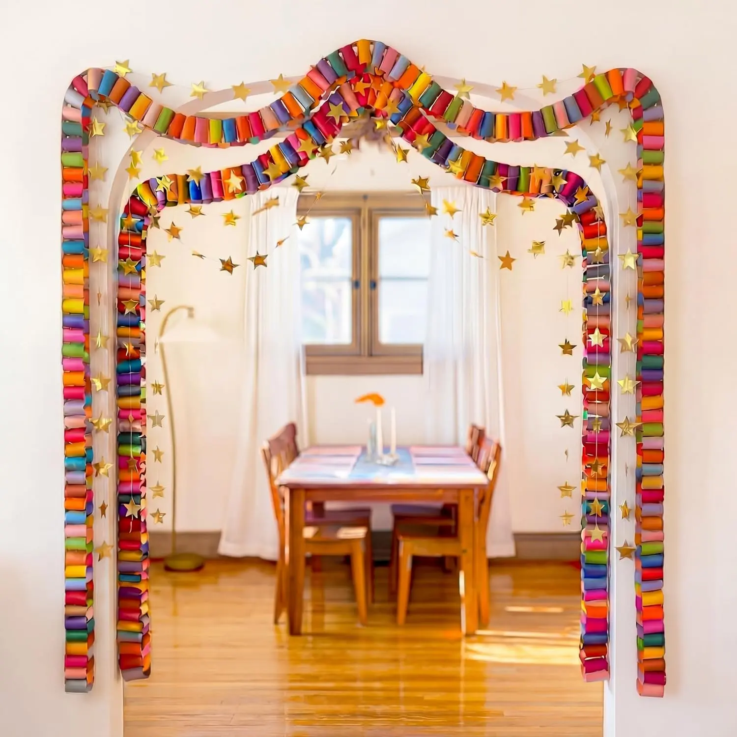 400 Sheets Multicolor Paper Chain Strips and Mirror Star Garland, 13 Feet Paper Craft Banner with Double Sided Tape for Birthday Wedding Festival Theme Party Decor, 3 x 8 Inches