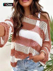 women's colorblock striped print sweater, casual long sleeve hollow out jumper for daily outings, ladies knitwear for all seasons, sweaters for women