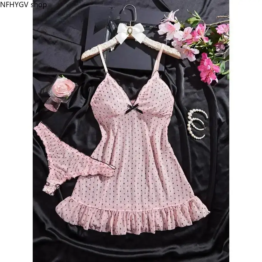 2026 Women Polka Dot Knit Sleepwear Set, Classic Bow Decor All-Season Loungewear, Casual Home Pajama Outfit For Ladies Indoor Daily Rest Use