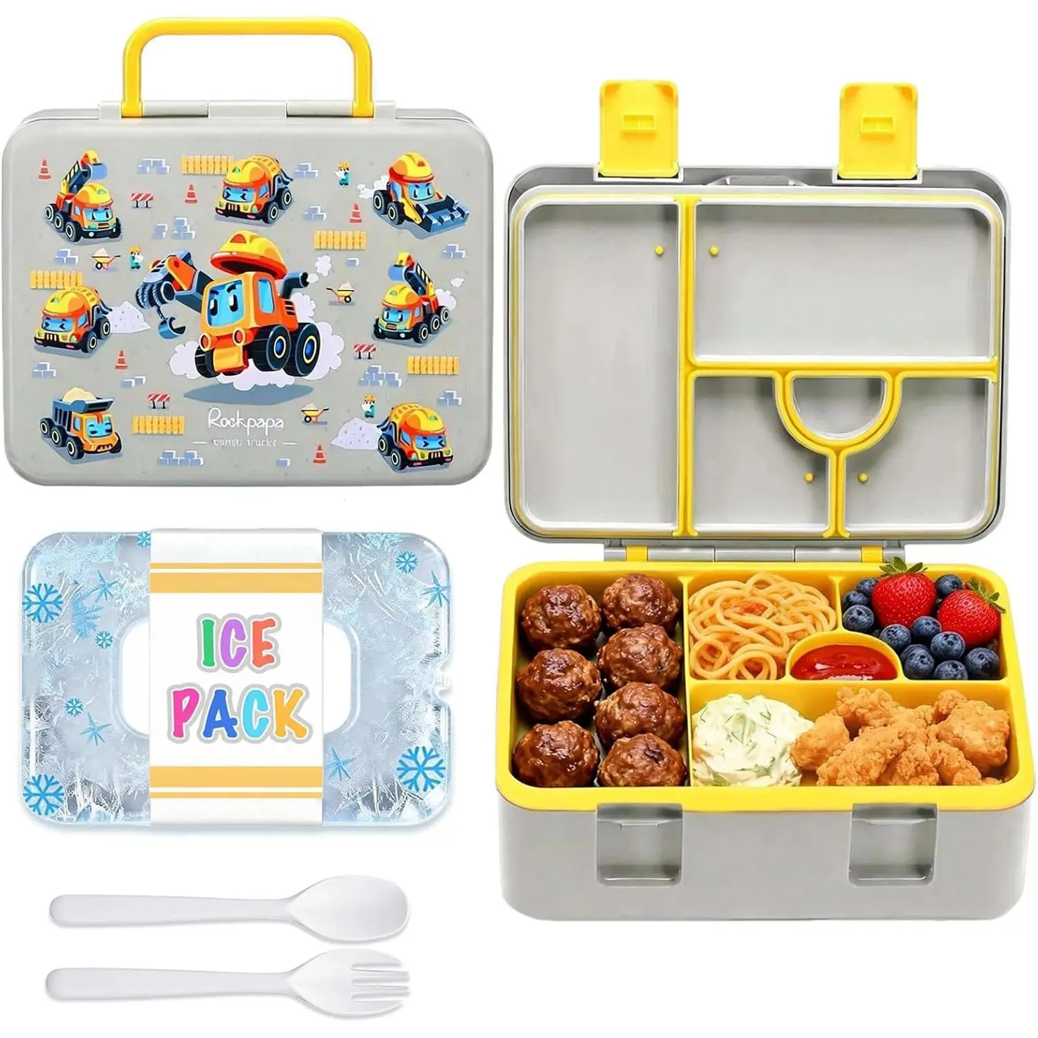 Chill Bento Box for - Large 5.5 Cups Lunch Box with Ice Pack - 5 Compartments, , Leak Proof, with Utensils & Portable Handle, Microwave/Dishwasher Safe (Grey Constr )