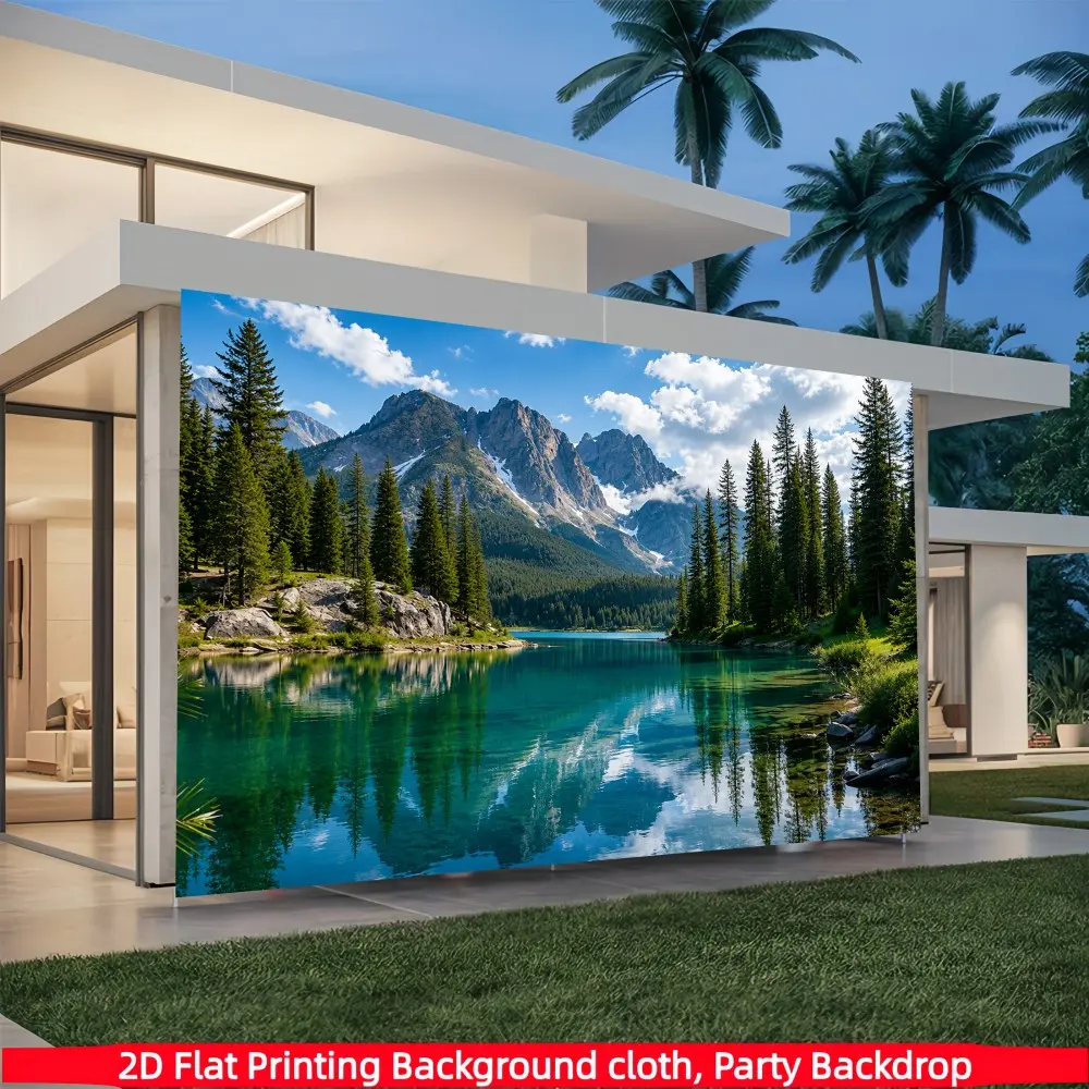 1PC 2D Flat Printing Natural Scenery Photography Backdrop, Photo Background Props, Featuring Snow-capped Mountains, Coniferous Forests And Mirror-like Turquoise Lake Polyester Fabric For Outdoor Landscape Portrait Shooting, Nature Themed Scene Layout
