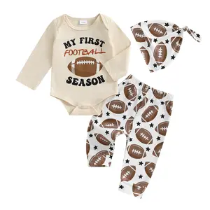 Newborn Baby Boy Football Outfit Football Pattern Letter Rugby Print Crew Neck Long Sleeve Romper Pants and Cap 3 Pcs Set Infant Fall Clothes