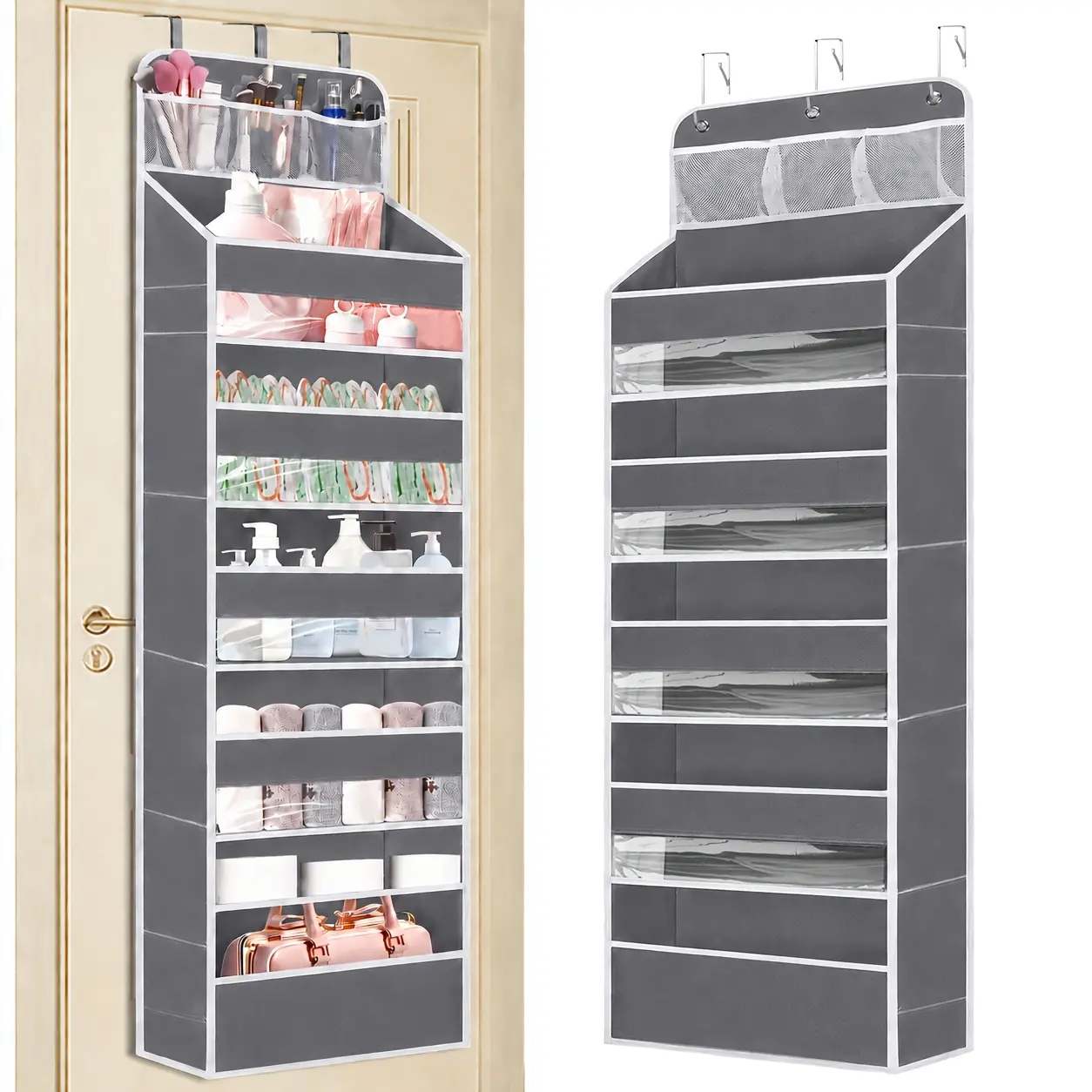Cochildor Thick Door Hanging Storage Organiser Bag (1pc) - 5 Large Compartments, 3 Mesh Pockets, Transparent Window, Zippered, Suitable for Bedroom Nursery, Shoes, Diapers