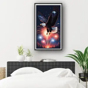 A 2D flat unframed hand-made DIY diamond painting kit, atmospheric eagle with fireworks night sky style, suitable for home decoration and handcraft enthusiasts.
