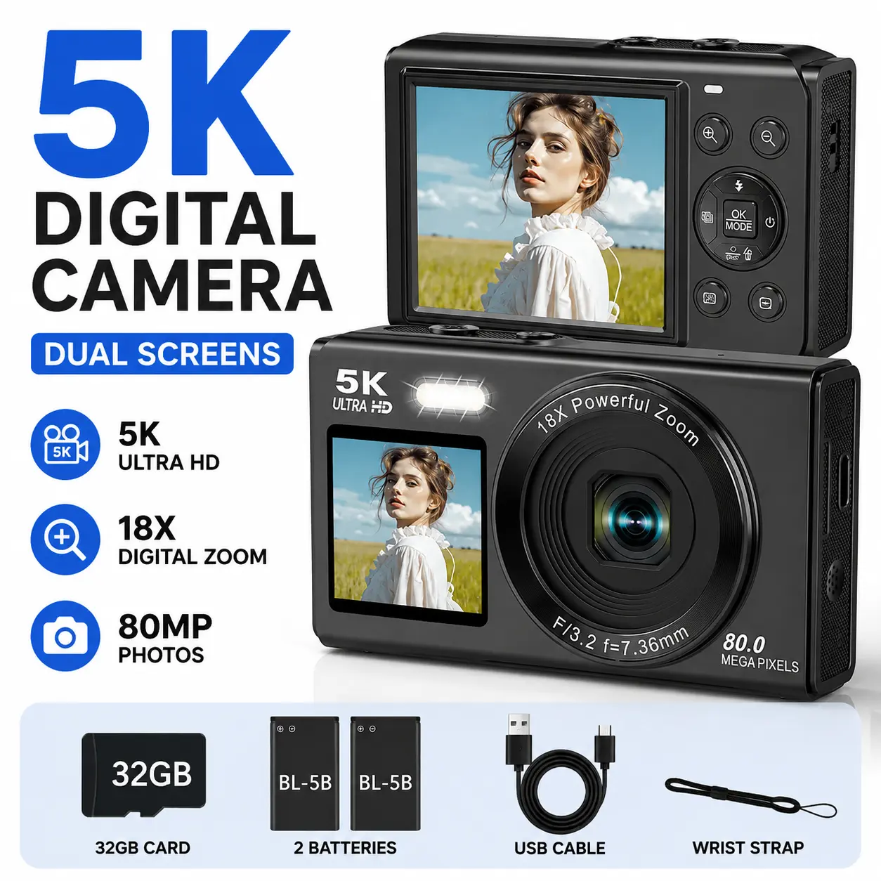 Portable 5K Digital Vlogging Camera with Front and Rear Displays, Powerful 18X Zoom Lens, High Resolution Photo Camera for Selfies, Video Recording, Beginner Creators and Gift Ideas with Complete Accessory Kit
