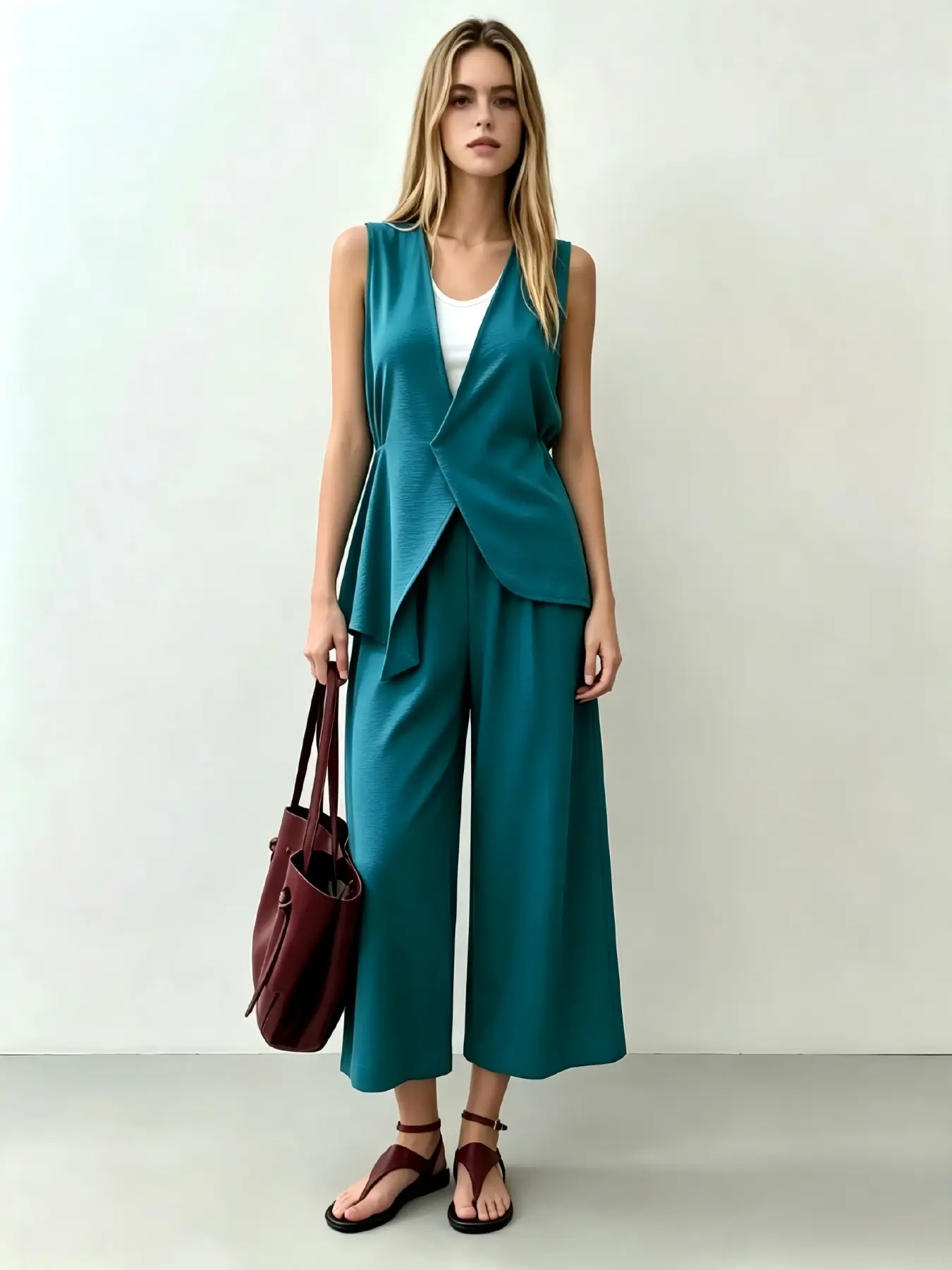 Elegant Sleeveless Blouse Set, Slim-Fitting Solid Pattern, Professional Office Wear, Two-Piece for Career Dressing