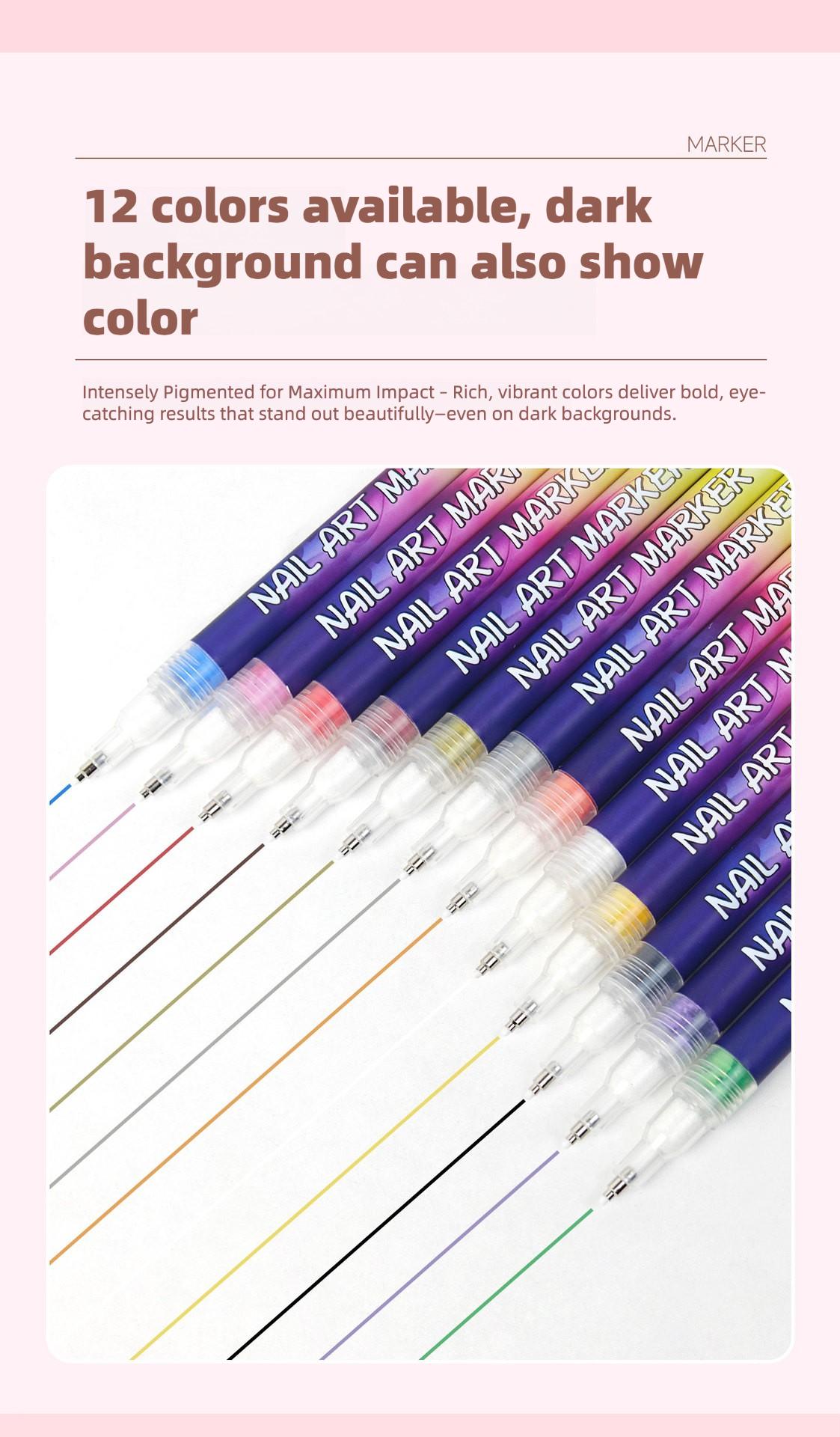 12-Color Nail Art Pen Set - Quick-Drying Acrylic Markers with 0.5mm Ultra-Fine Tip for Precision Line Work & Detailed Nail Art - Highly Pigmented DIY Manicure Kit for Creating 3D Doodles, Flowers & Abstract Designs