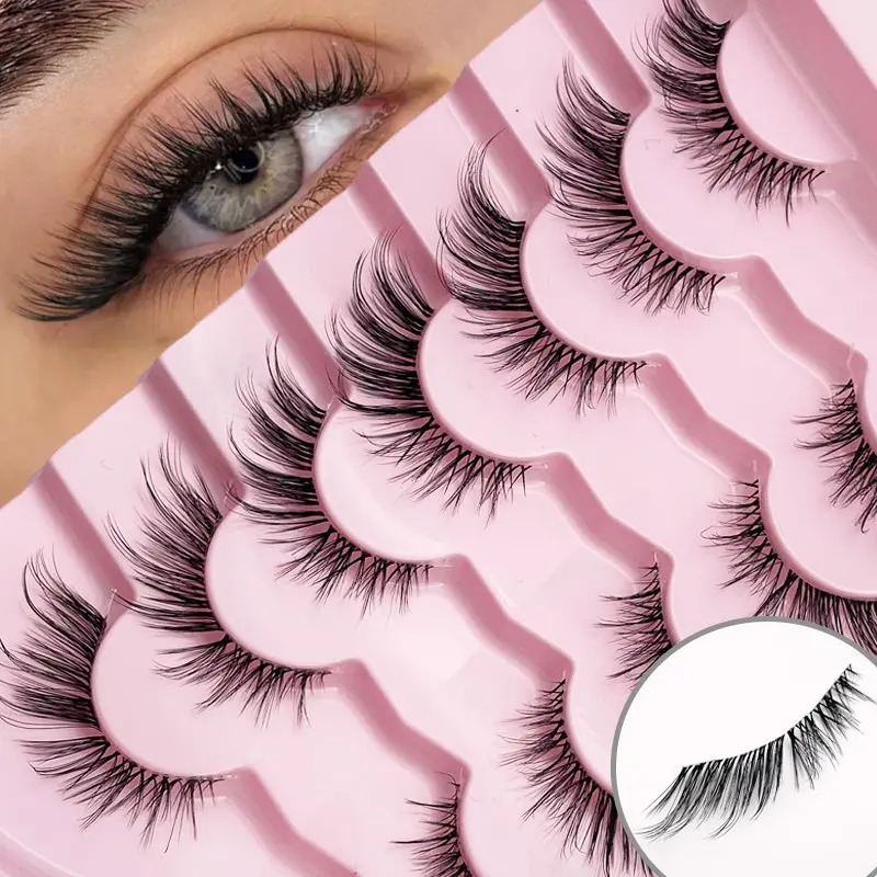 New 7 Pairs Natural Fluffy False Eyelashes Cat Eye Lashes, Full Strip Lashes, Clear Band Comfortable Long Eyelash Extension, 3D Lashes, Reusable, Soft & Lightweight, Faux Mink Lash Strips For Alluring Eye Makeup