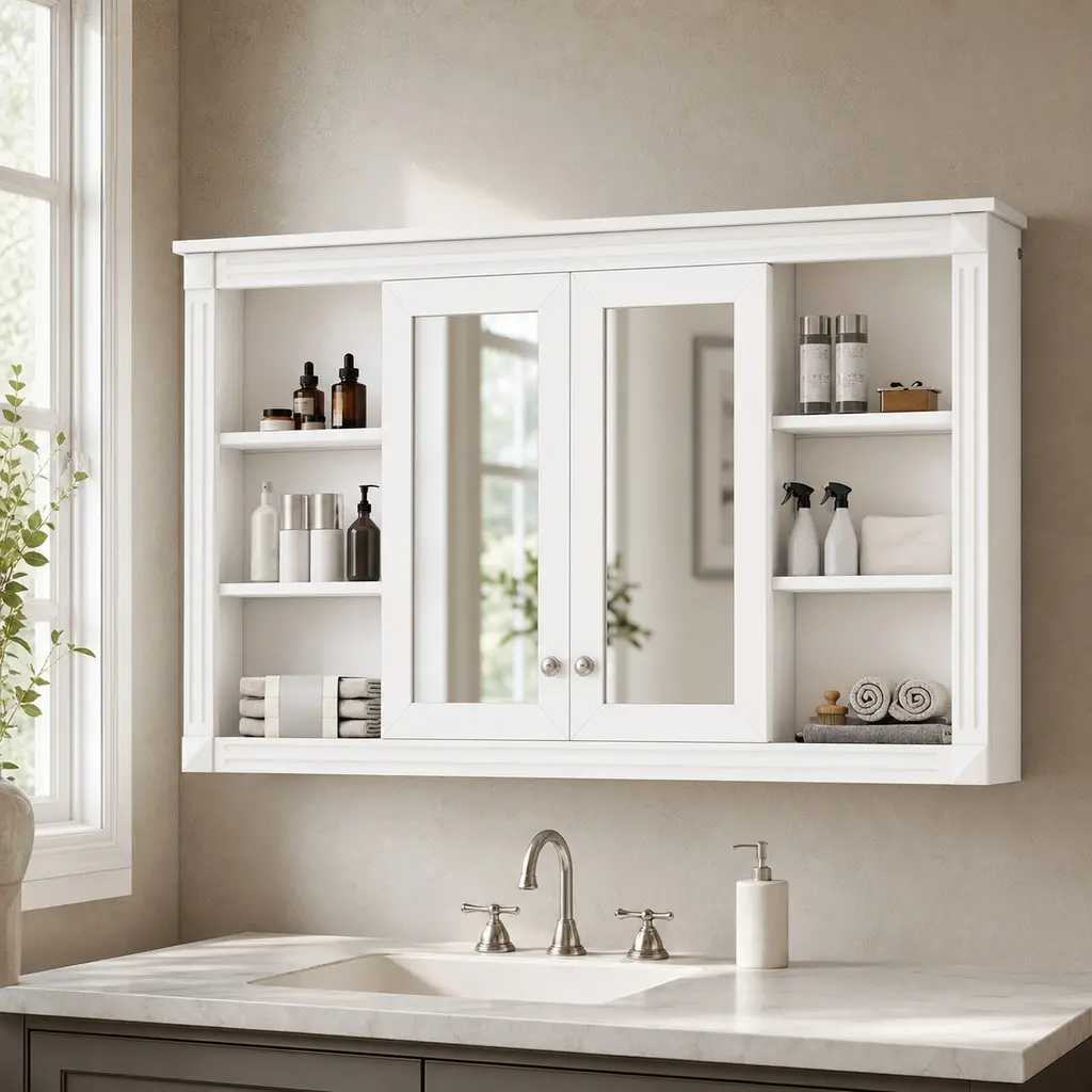 ARCH 47 Inch Wall Mounted Bathroom Mirror Cabinet with Storage, Adjustable Shelf and Open Shelves, Solid Wood MDF Glass Medicine Cabinet in White Painted Finish for Bathroom Bedroom Vanity, Modern Wall-Mounted Mirror Cabinet with Storage