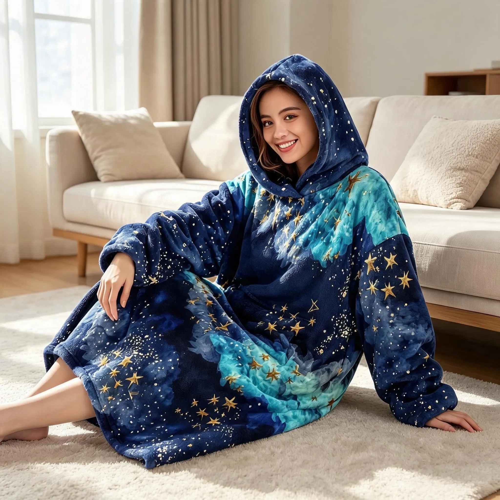 1pc Flannel Hooded Wearable Blanket, Couples' Long Lazy Cape, Large Pockets, Lightweight, Starry Night Gift