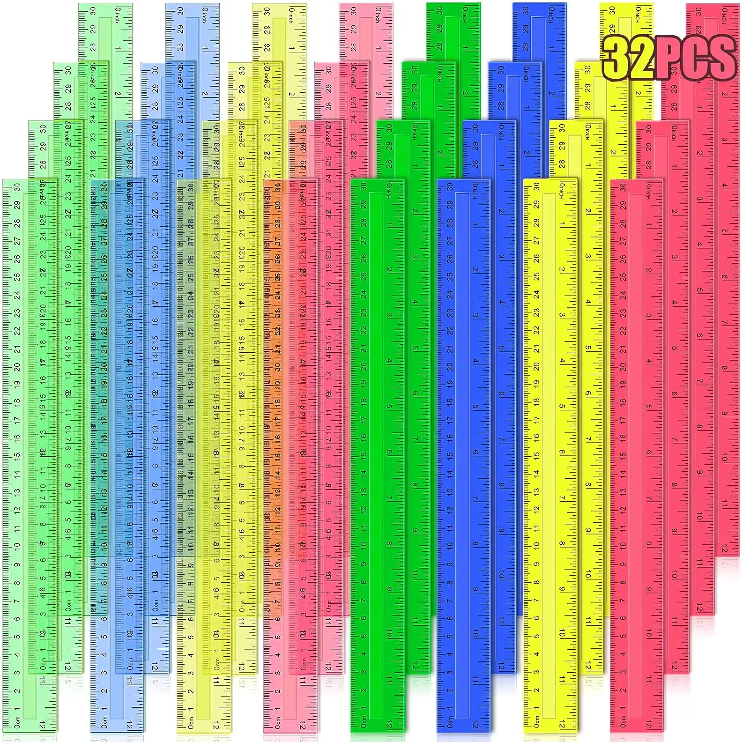 12 Inch Plastic Rulers, 32 count Transparent  Color Metric Bulk Rulers with Inches Centimeters Millimeter. Measuring Drawing Tool for , Ideal  to School Office  Supplies