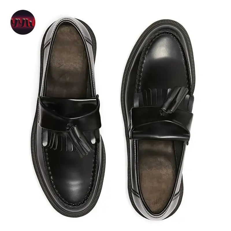 YYW1 (New)Classic Black Tassel Penny Loafers Couples - Comfortable Business Casual Shoes with Cork Insole, Durable PU Cover & Chunky Heel Design, Rounded Toe, All-Season Wear, Comfortable Footwear |       Tassel Detail |       Durable Construction, Dressy
