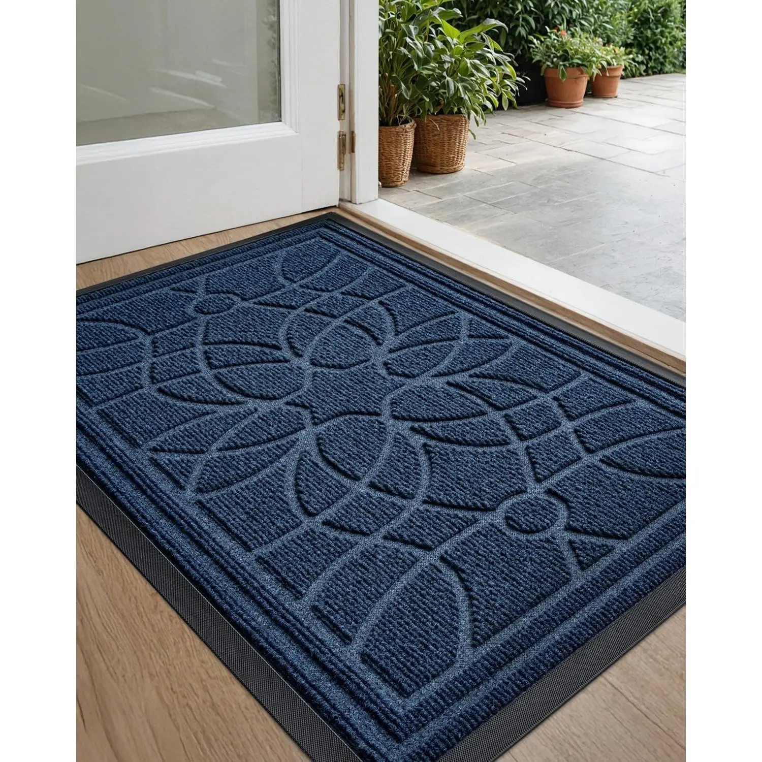 Front Door Mat Outside Entrance 24x36, Heavy Duty Non Slip Low Profile Doormat for Entryway, Trap Dirt and Moisture Welcome Mats, Easy Clean, Patio, Garage, Blue