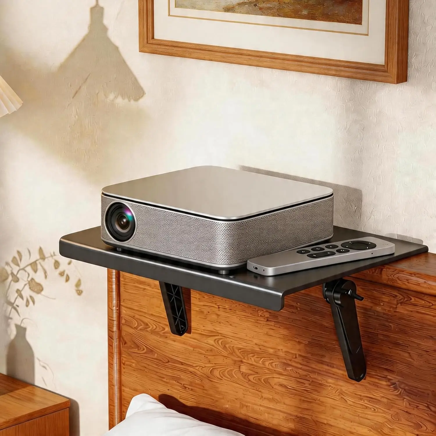 No Drill Projector Shelf, Adjustable Headboard and Sofa Projector Mount, Wall Mounted Shelf for Projector, Small Devices, Space Saving Projector Stand for Bedroom, Living Room, Office