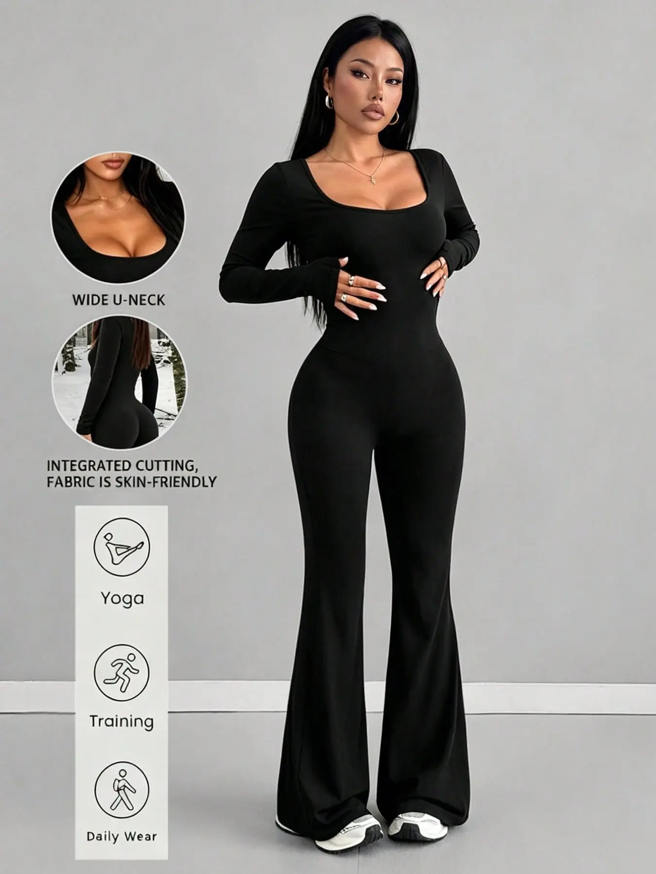 Women's Bell Bottom Jumpsuit, U-Neck Casual Slim Fit Sporty Style, Suitable for Business, Y2K, Halloween, Fall, Winter
