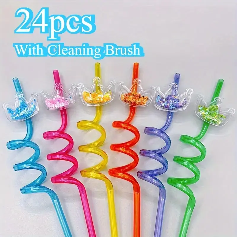 Glitter Crown Drinking Straws Set Creative Spiral Straw Cartoon Party Straw Reusable Plastic Straws with Cleaning Brushes Durable Party Drinking Straws, for Theme Birthday Party Supplies