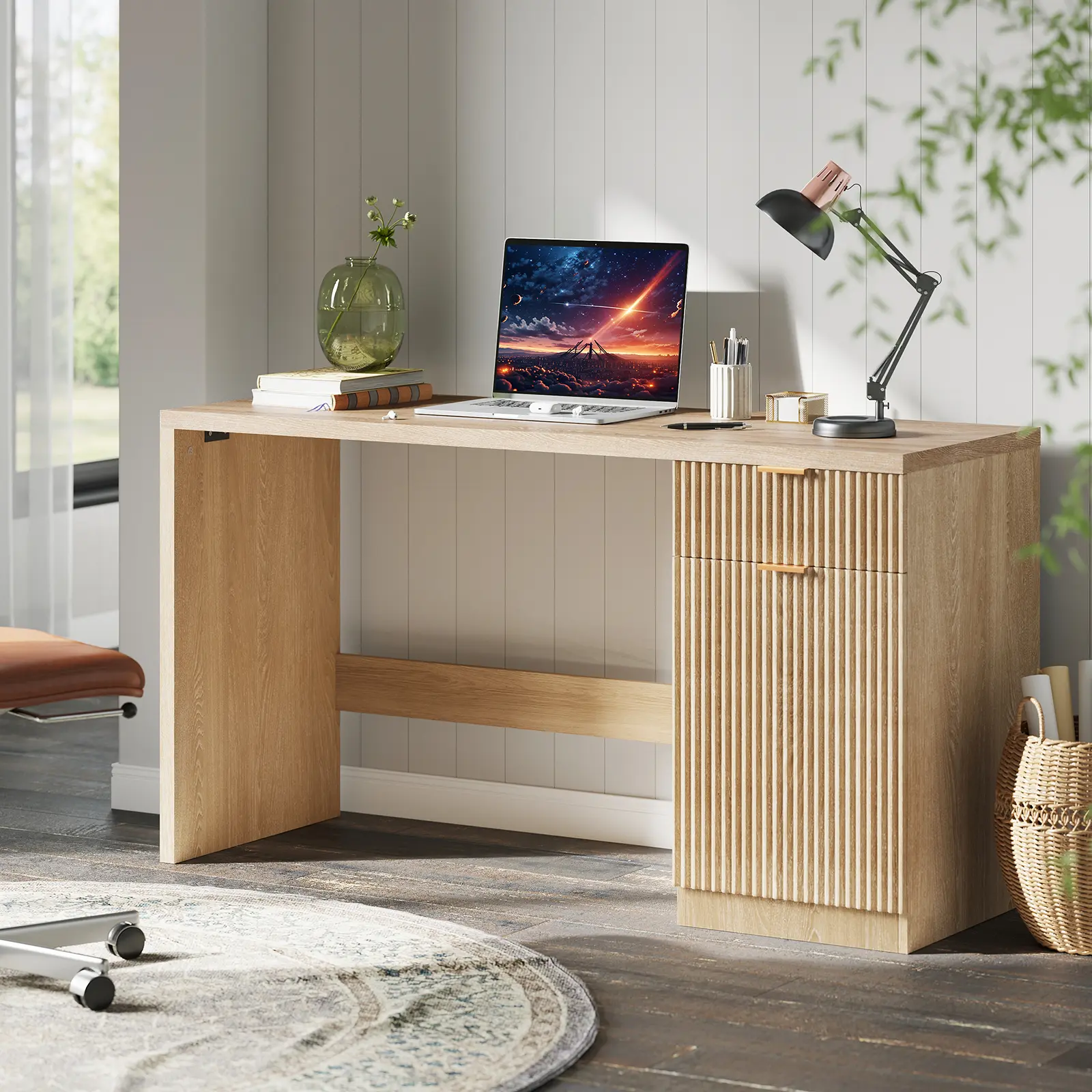 60" Fluted Executive Desk with Adjustable Shelf Cabinet, Office Desk with Drawers, Wooden Farmhouse Desk for Bedroom Living Room Study Home&Office