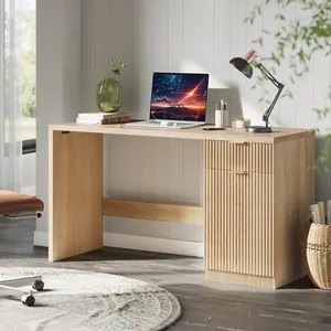 60" Fluted Executive Desk with Adjustable Shelf Cabinet, Office Desk with Drawers, Wooden Farmhouse Desk for Bedroom Living Room Study Home&Office
