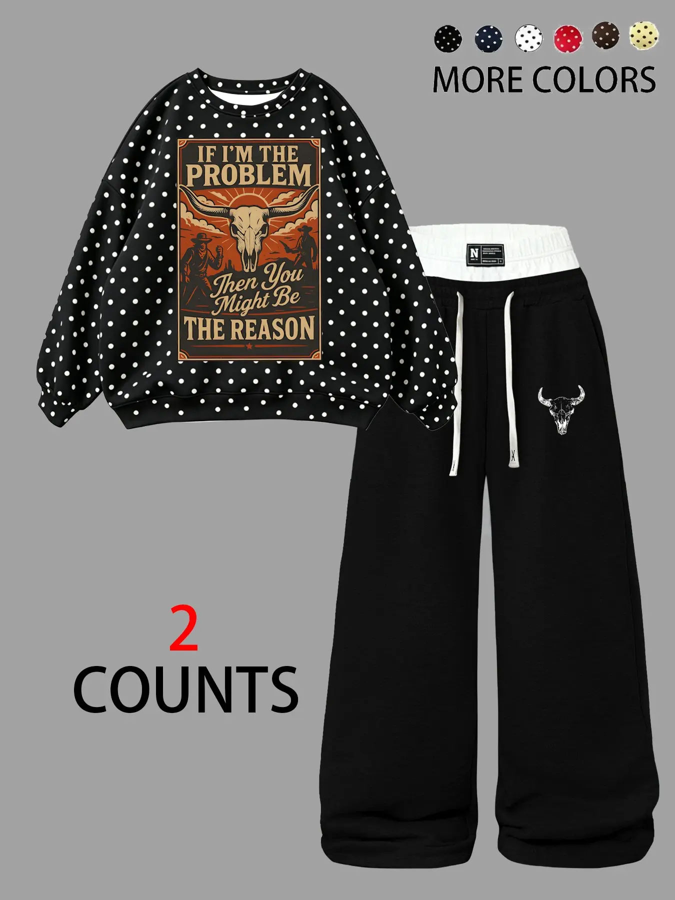 Women's Vintage Polka Dot Skull Sweatshirt & Wide Leg Sweatpants Set, Soft Fleece, Oversized Fit, Ideal for Campus & Streetwear