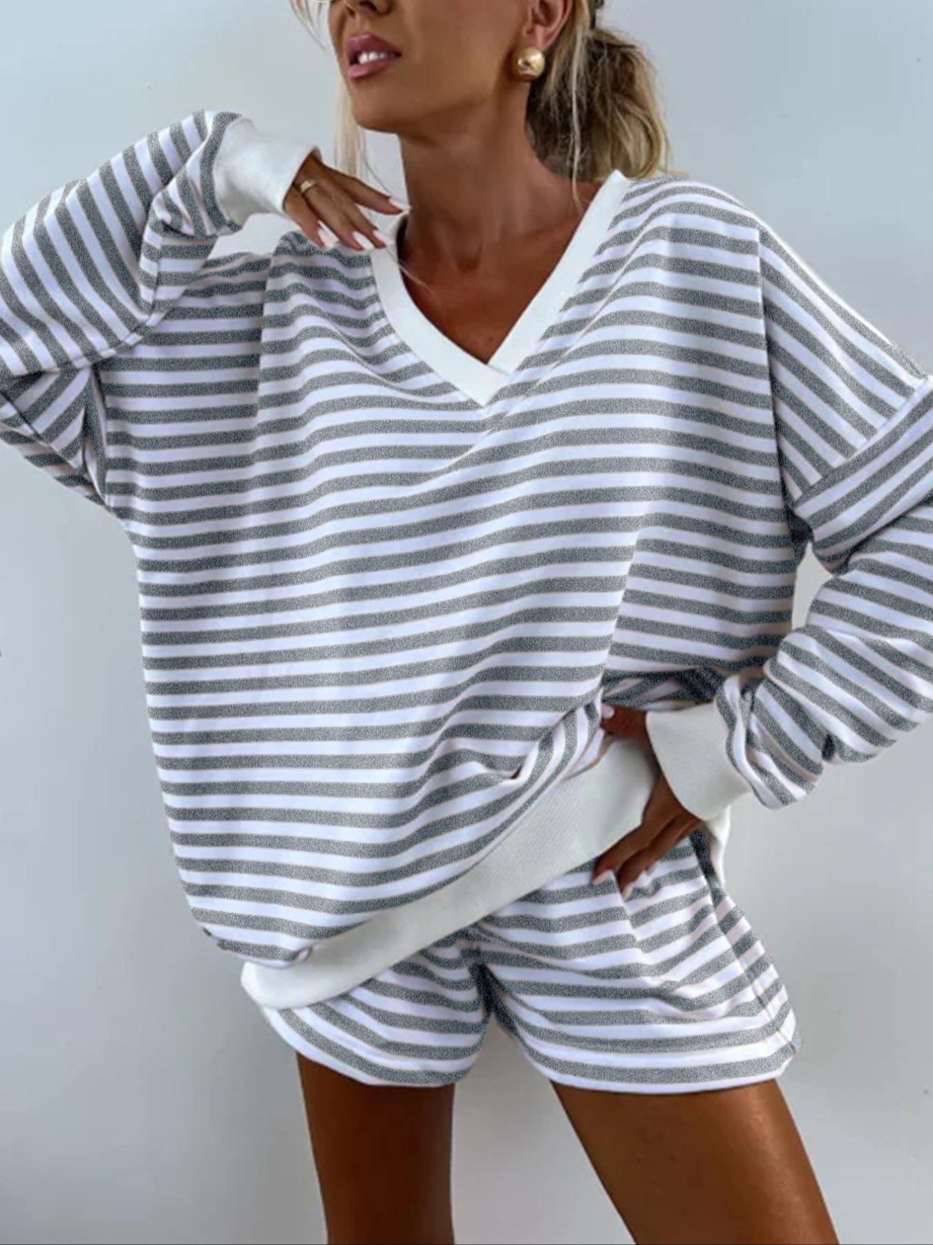Women's Striped Print Drop Shoulder Long Sleeve Tee & Elastic Waist Shorts Two-piece Set, Casual Fashion Cozy Breathable Soft Fabric Two Piece Outfits for Daily Outdoor Wear, Women Clothes for Spring & Fall