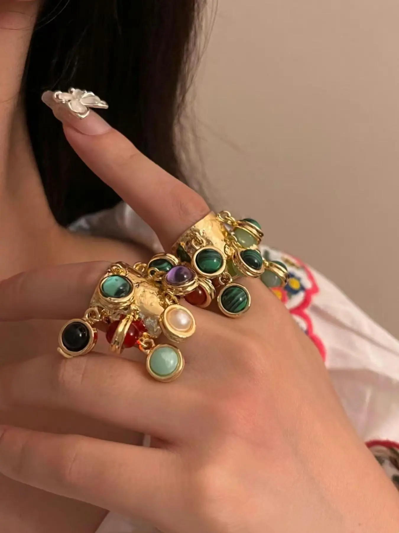 Vintage Beaded Decorated Cuff Ring, Unique Rings & Colorful Artificial Gemstone Decor, Boho Style Jewelry for Women & Girls, Trendy All-match & Exquisite Jewelry for Birthday Gift