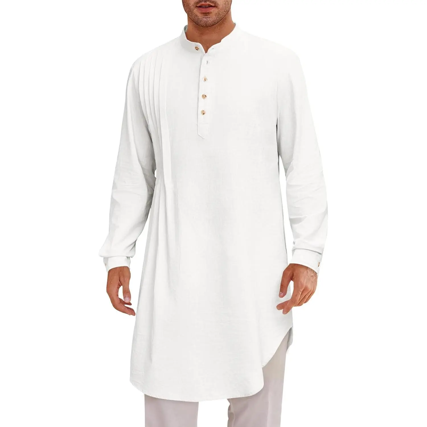 Runcati Mens Kaftan Thobe Cotton Linen Henley Shirt Long Sleeve Robe Casual Muslim Gown Kurta
