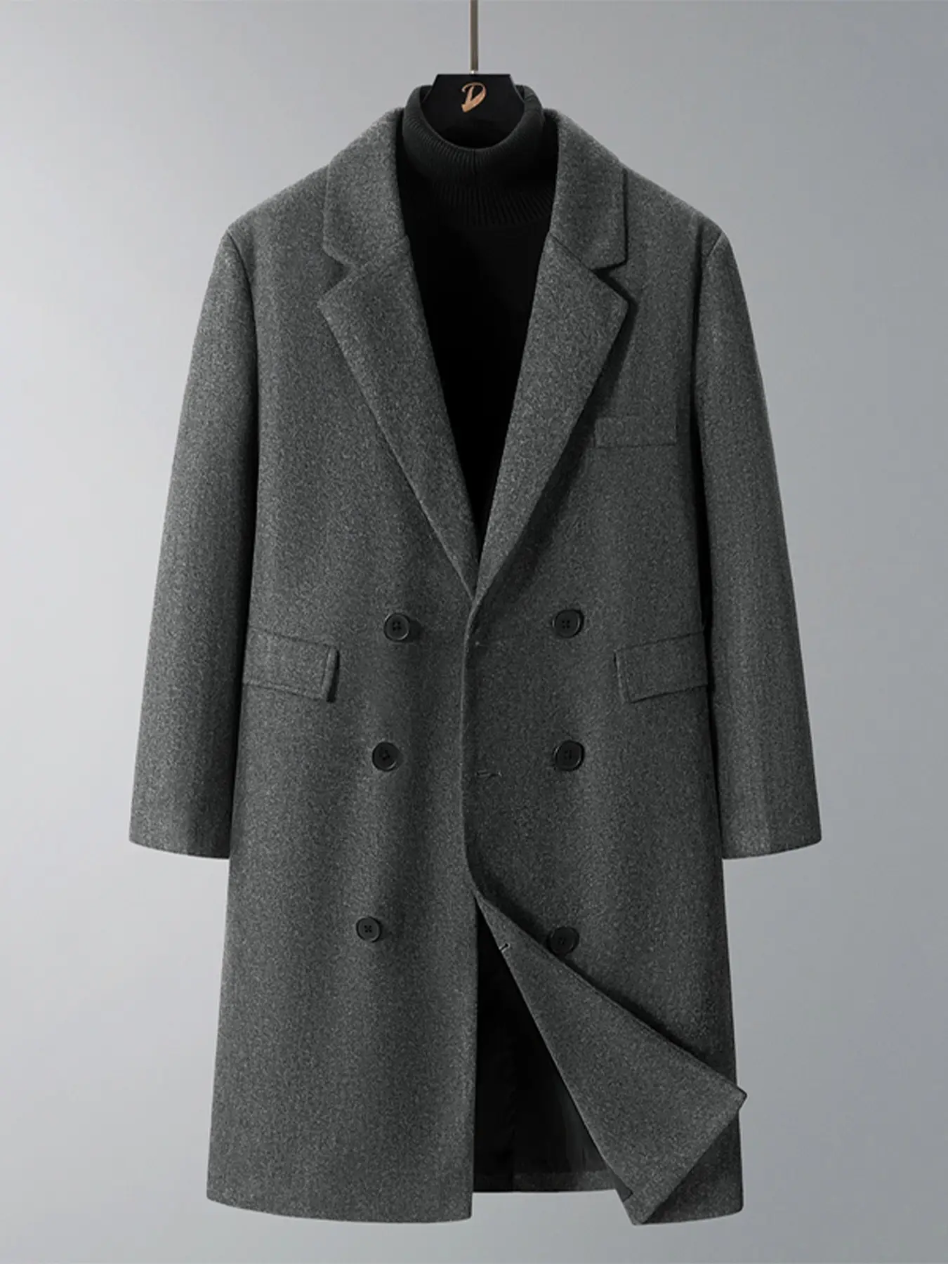 Men's Double-Breasted Medium-Length Wool Coat, Loose Fit Shoulder Design, Warm Autumn Winter Commuter Jacket, Stylish Outerwear