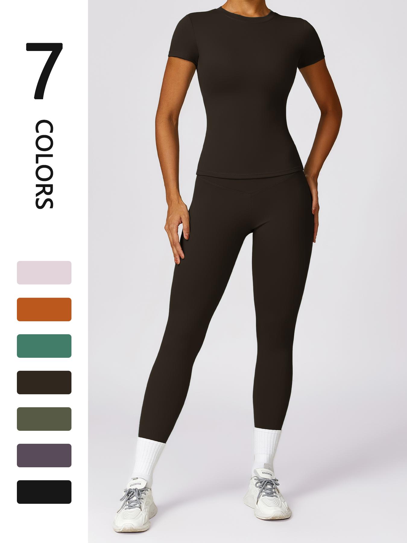 Women's Solid Round Neck Tee & High Waist Leggings Sportswear Set, Breathable Quick Drying Short Sleeve T-shirt & Skinny Pants, Ladies Sportswear for Indoor Outdoor Wear