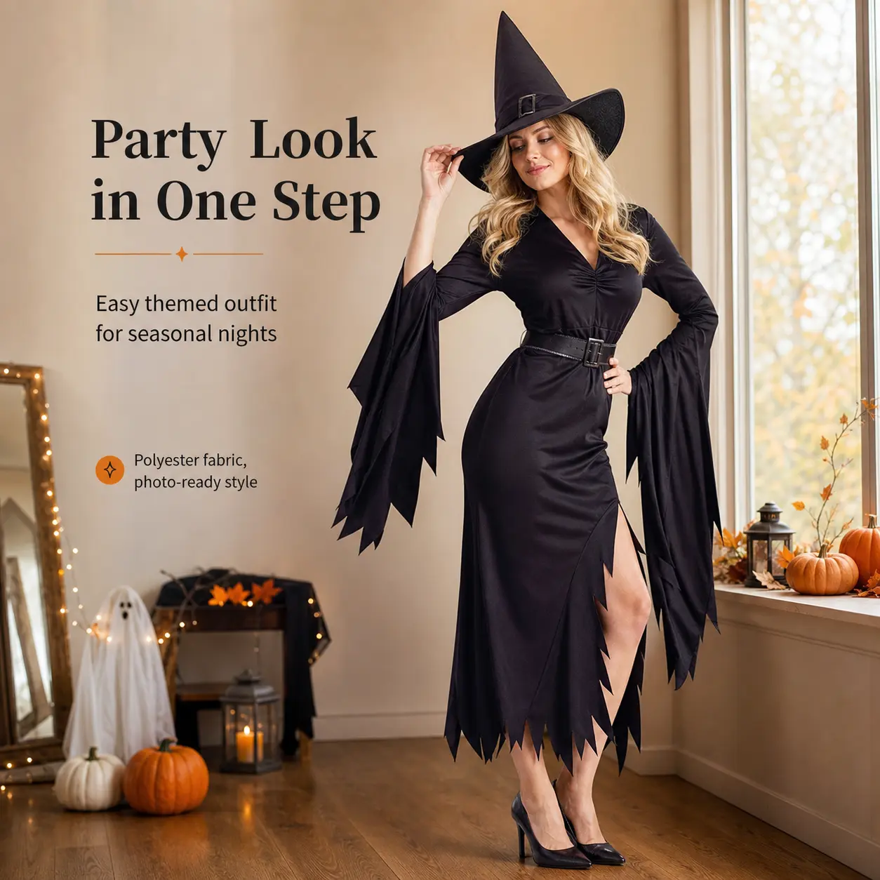 Women Classic Black Witch Costume 2Pcs Jagged Long Sleeve Midi Dress Pointed Witch Hat Adult Halloween Cosplay Carnival Fancy Dress