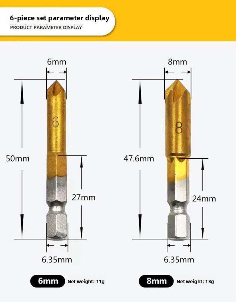 Six-piece woodworking chamfering tool set, five-blade chamfering knife, wood countersink drill, deburring tool, woodworking hole opener set