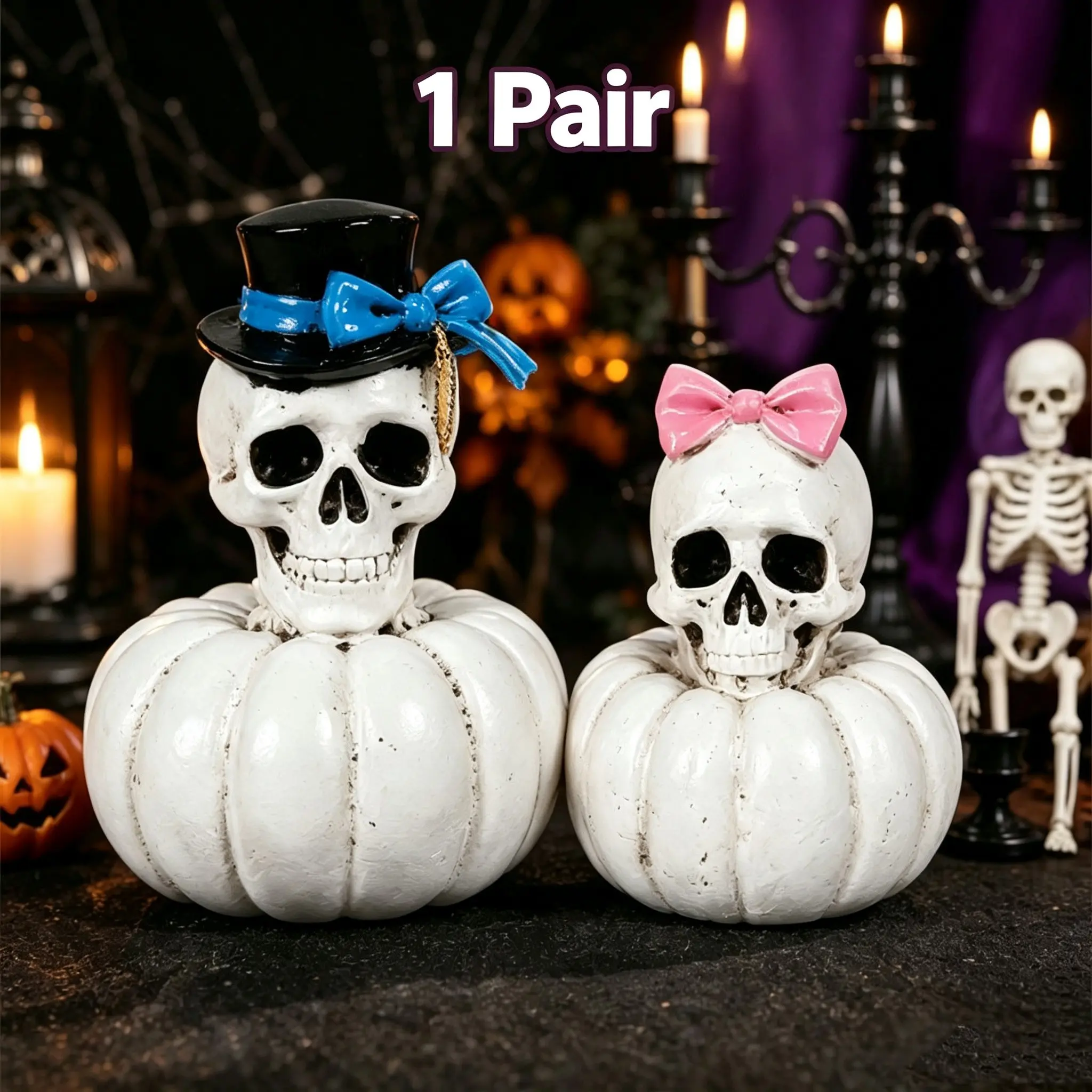 Halloween Couple Skull Statues, Resin Pumpkin Bride and Groom Skulls, Gothic Wedding Table Decor, Weird Halloween Home Desk Decorations