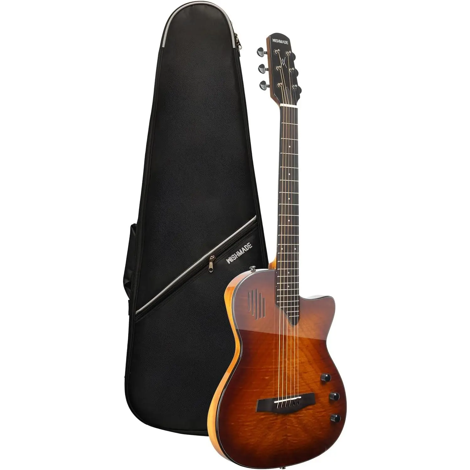 WishMade Electro-Acoustic Steel String Guitar, Flamed Mahogany Top Slim Chambered Body Guitar with Piezo Pickup & EQ, Soundhole-less Silent Practice Acoustic Electric Guitar for Adult Beginners & Pros, Vintage Sunburst Finish