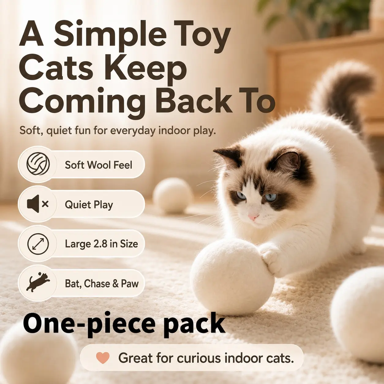 Viral Wool Cat Ball, Aesthetic Kitten Toy for Self-Play, Silent Plush Ball for Night Play, Soft Teething Toy for Kittens, Natural Felt Cat Toy, Stress Relief Cat Ball, Handmade Pet Toy, #CatMustHaves, #PetSupplies