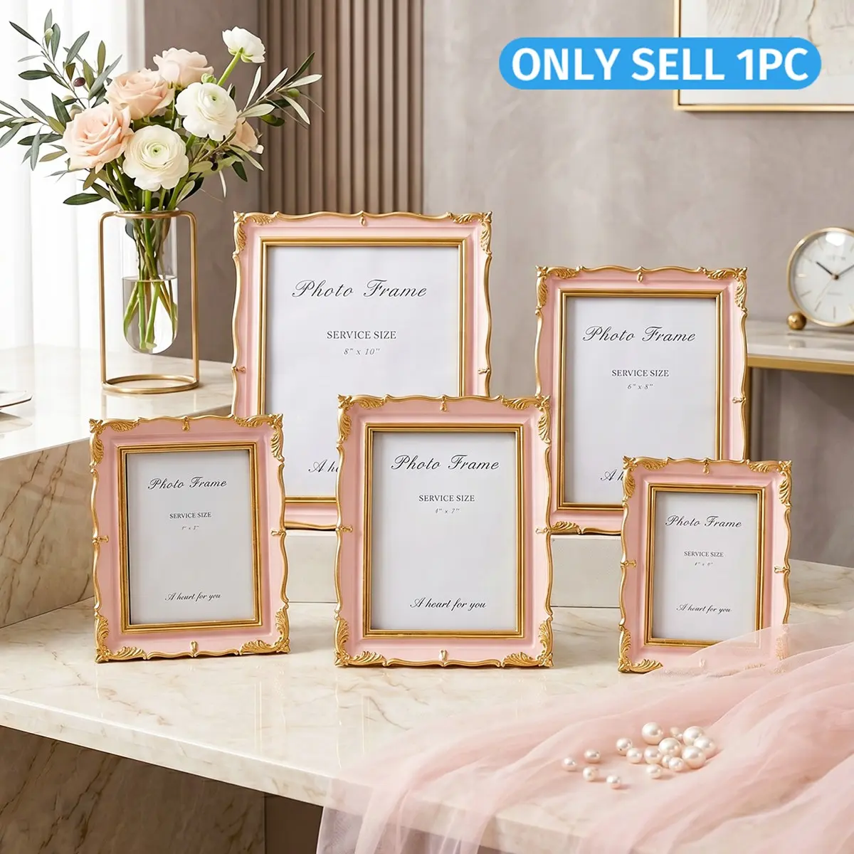 Elegant Rococo Gold Wave Embossed Frame, European Luxury Resin Desktop Photo Holder, Wedding Portrait Decor, Wall-Mounted Picture Frame