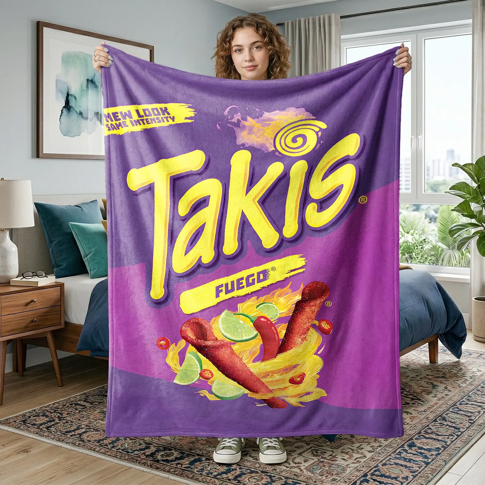 1pc Takis Spicy Snack Fleece Blanket, Rolled Crisps, Lime Chili, Flame Swirl, Purple & Yellow Brand Logo Print, Trendy Street Food Style. Soft Warm Multi-use Throw for Sofa, Bed, Office, Camping, Ideal Birthday & Christmas Gift.