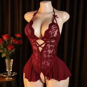 Women's Lace Bodysuit Lingerie – V-Neck One-Piece Sleepwear Set, Sexy and Elegant Nightwear