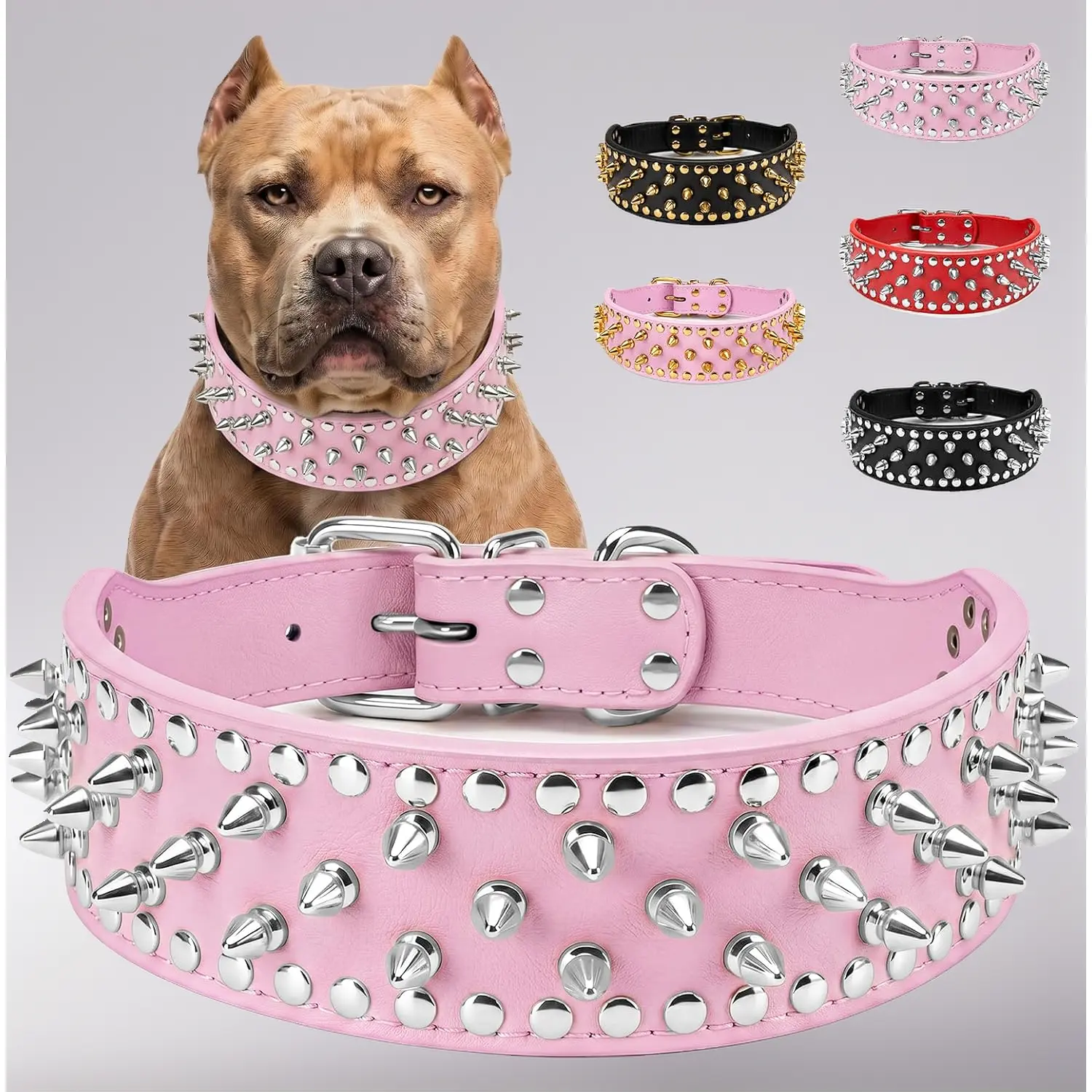 Anti-Bite Wide Spiked Studded Dog Collar: Adjustable PU Leather Dog Collars for Medium & Large Dogs, Heavy Duty, Metal D-Ring, Neck Protection, Punk Style, Pink, M (17.72" - 21.97")