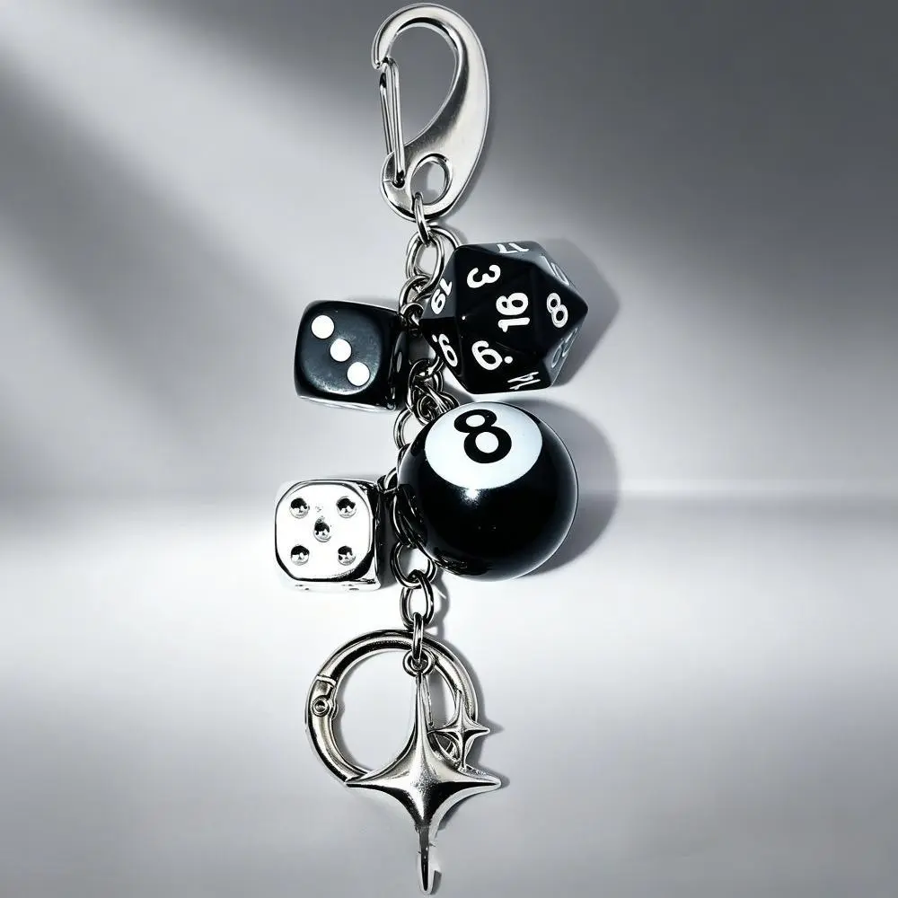 Viral Y2K Punk Black 8 Billiards Dice Keychain for Men & Women, Glossy Scratch-Resistant Resin Multi-Charm Pendant with Smooth Metal Lobster Carabiner, Dual-Use Key Ring Bag Charm & Phone Hanging Ornament Perfect for Street Outfits, Daily Carry & Billiard