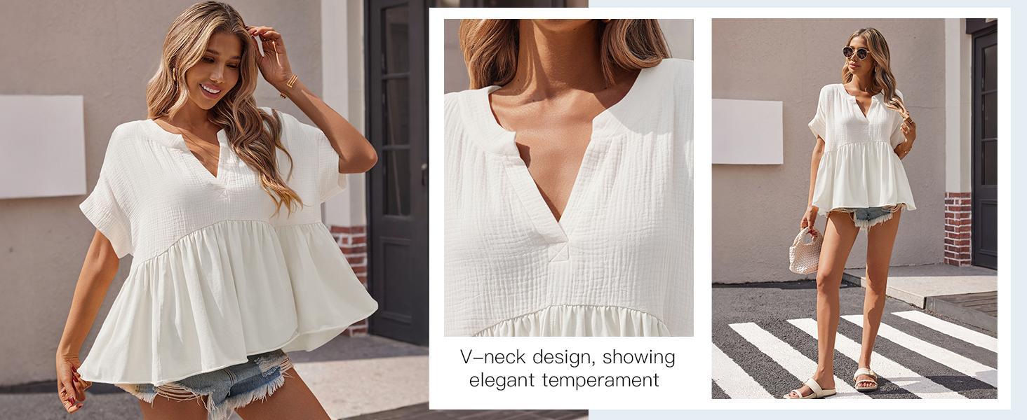 Imily Bela Womens Summer Babydoll Tops V Neck Short Sleeve Pleated Flowy Shirts Casual Loose Fit Peplum Blouse
