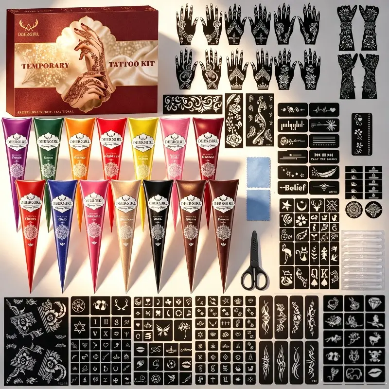 Temporary Tattoo Set, Multi‑color Natural Henna Cones with Over 200 Reusable Henna Stencils, Women's DIY Hand & Body Art Tattoo Kit, Professional Nail & Tattoo Supplies for Festivals, Weddings and Parties