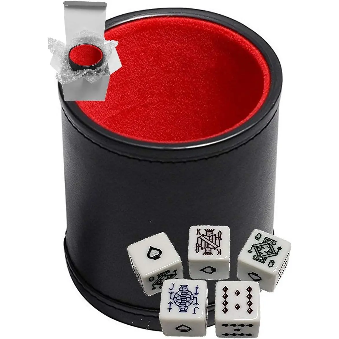 Set of Dice Cup Black PU Leather w/Plush Red Felt Lining + Poker Dice White Squared Corner Spades Ace (Gift Boxed)