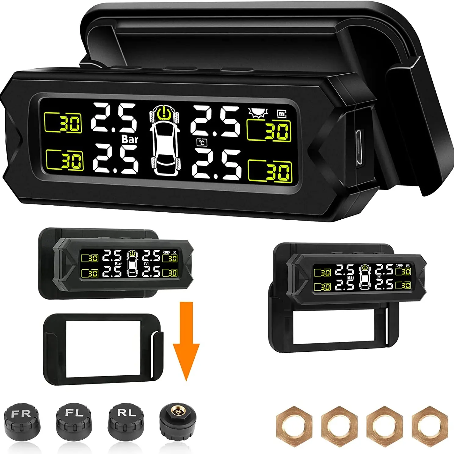 Tire Pressure Monitoring System - TPMS Tire Pressure Monitor System with Solar Charger, TPMS with 4 External sensors & 5 Alarm Modes, LCD Real-time Display, Auto Sleep Mode, Easy to Install