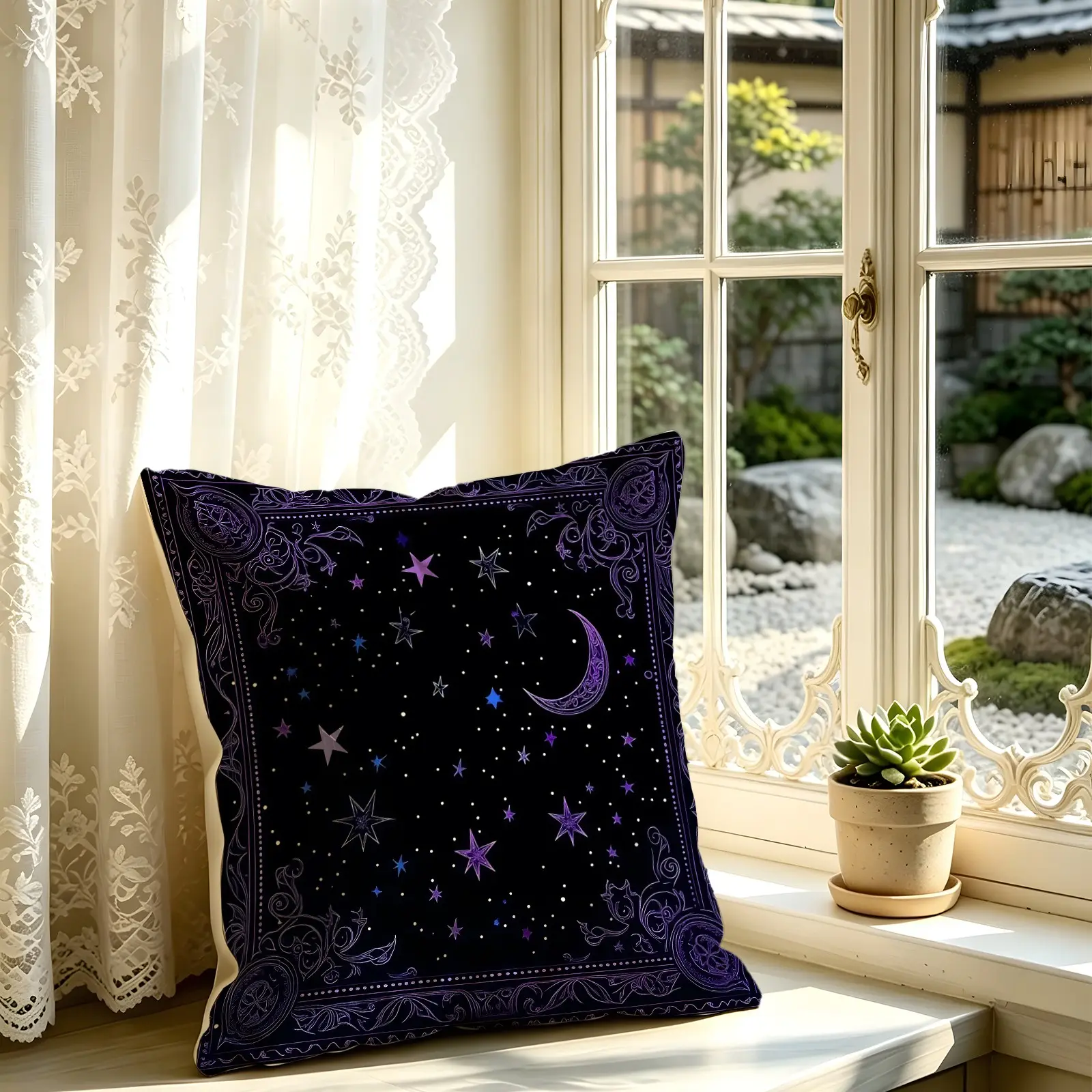 Mystic Moon Star Digital Print Throw Pillow, Accent Pillow Cushion Includes Pillow Core, Soft Square Decorative Cushion, Celestial Gothic Style for Sofa Bedroom Dorm Car, Washable Home Decor Gift for Astrology Lovers Indoor Daily Decor