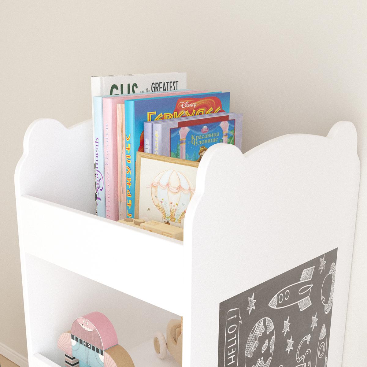 Kids Bookshelf with Chalkboard Side – Bear-Shaped Wooden Bookcase with 3-Tier Storage, Drawing Board for Toddlers, Toy and Book Organizer for Playroom or Bedroom – White
