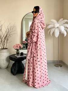 Two-Piece Set Hijab + Open Abaya, Dubai Islamic Muslim Moderate Print Cardigan Headscarf, Suitable for Daily Wear by Women