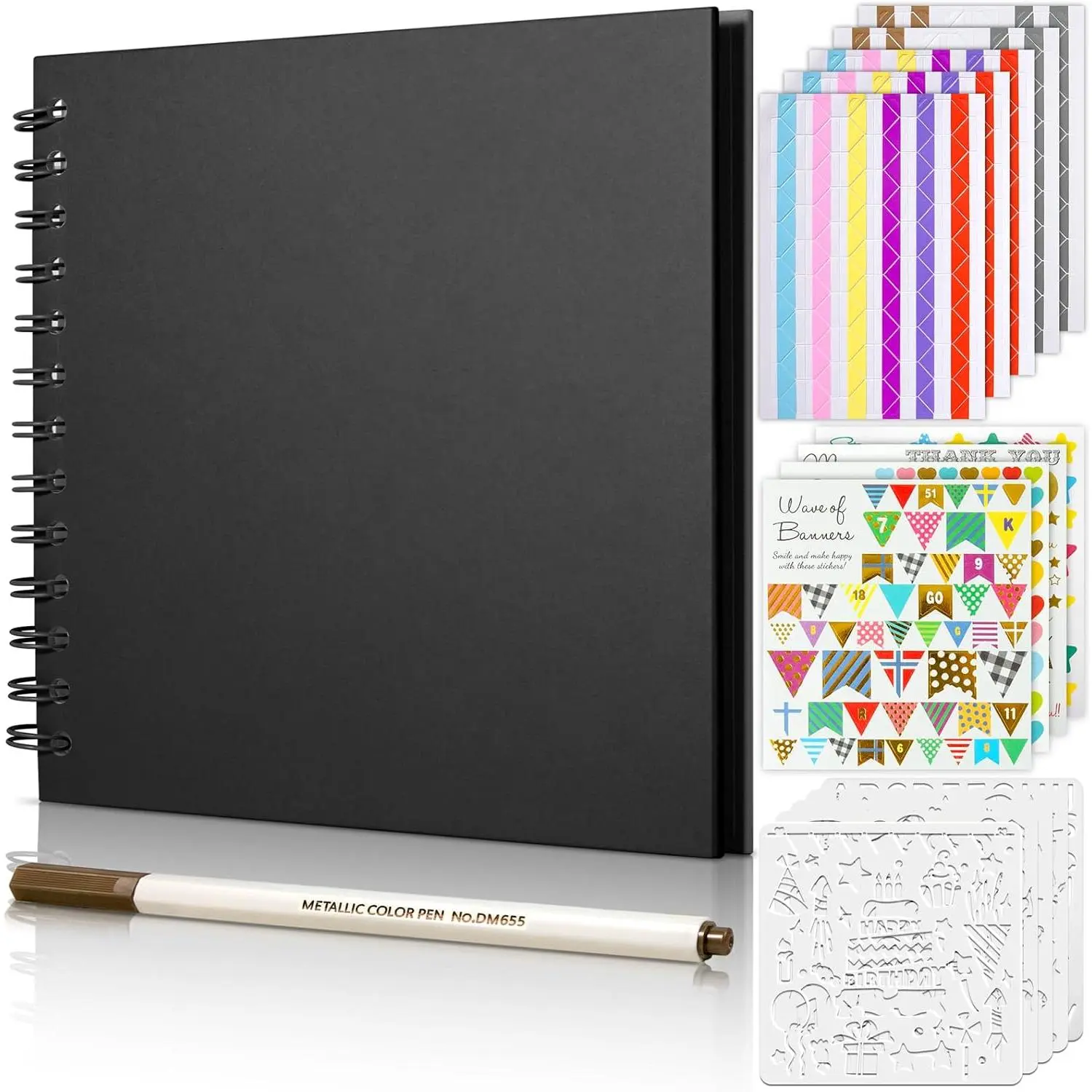 7 x 7 Inch Scrapbook Album with Metallic Markers,40 Pages  Paper Photo Albums for Wedding&Anniversary,Family DIY Scrap Books with Scrapbooking Stickers Corners(Black)