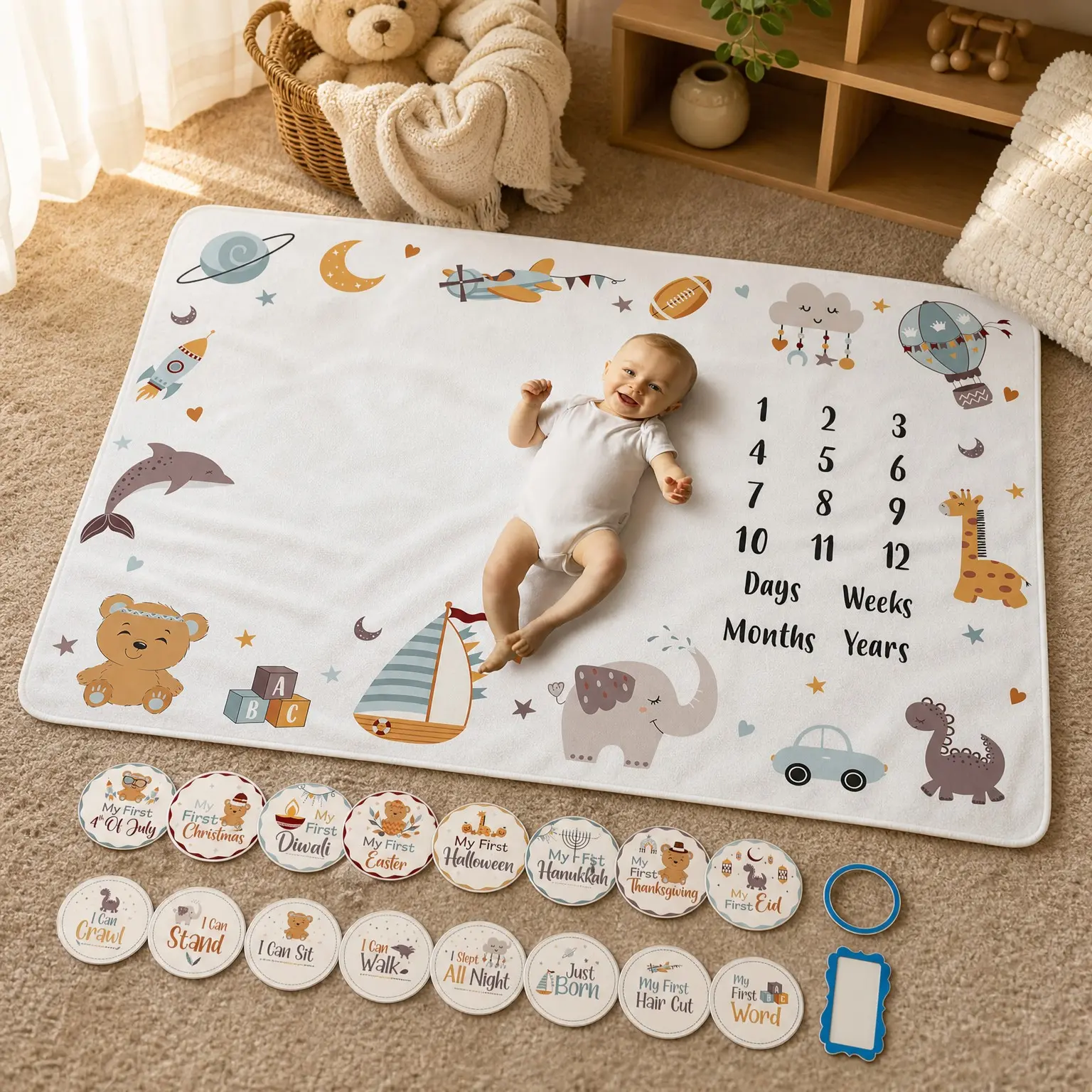 Baby Boy Monthly Milestone Blanket - Premium Soft Fleece, First 12 Months Growth Chart, Large 60" x 40", 16 Milestone Stickers(Gift)