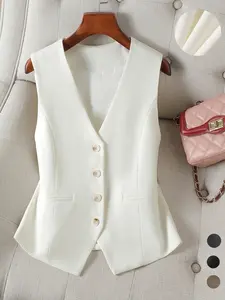 Women's Solid Button Front Pocket V Neck Suit Vest, Elegant Sleeveless Suit Vest for Work Office Business, Ladies Spring & Fall Clothes, Business Attire Clothes