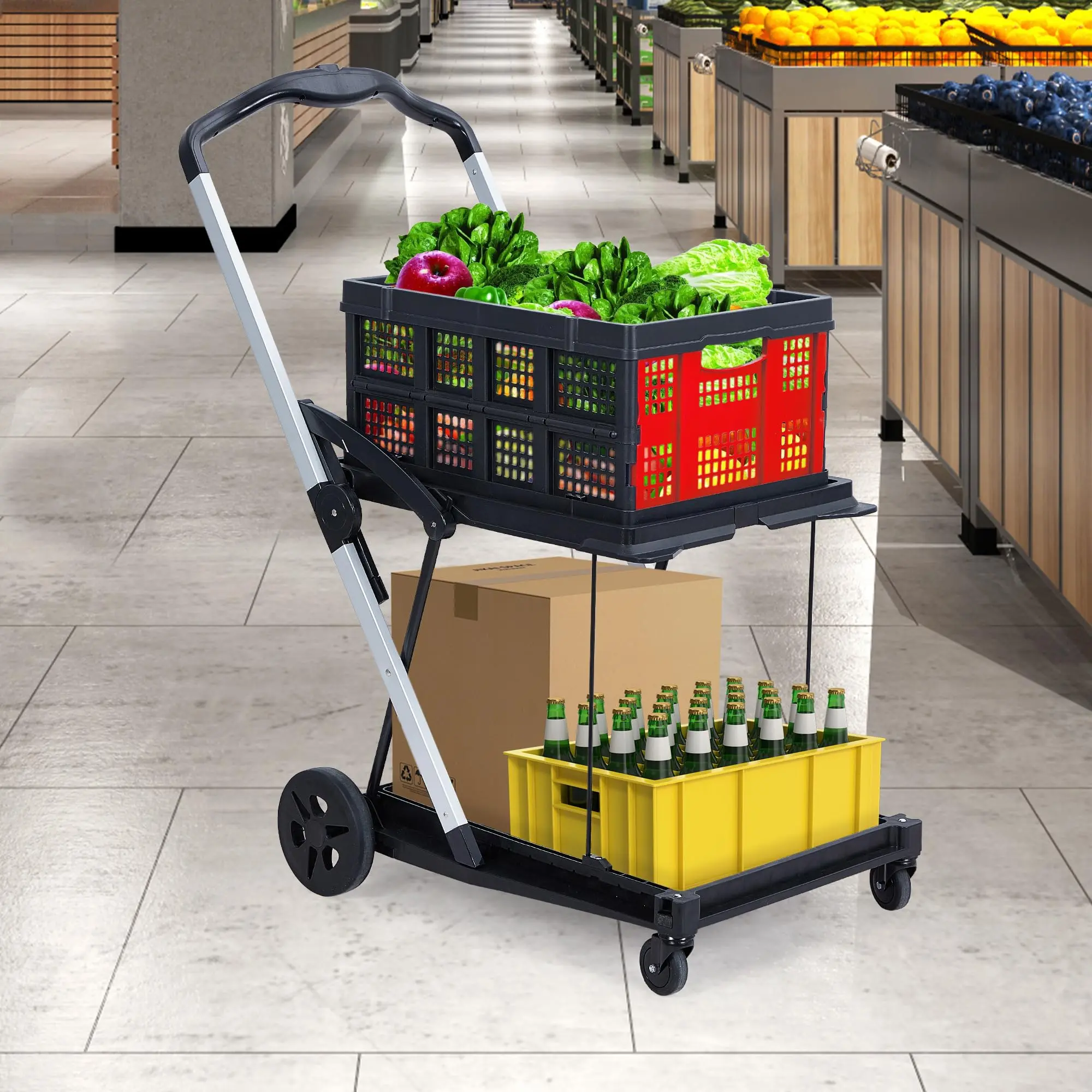 Garvee 2-Tier Foldable Portable Shopping Cart with Wheels, Removable Storage Crate, Aluminum Rolling Grocery Cart for Groceries, Office, and Travel, Red Color