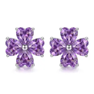 925 Silver Women's Nature Leaf Design Crystal Heart Stud Earrings, Natural Crystal Jewelry Gift for Everyday Wear